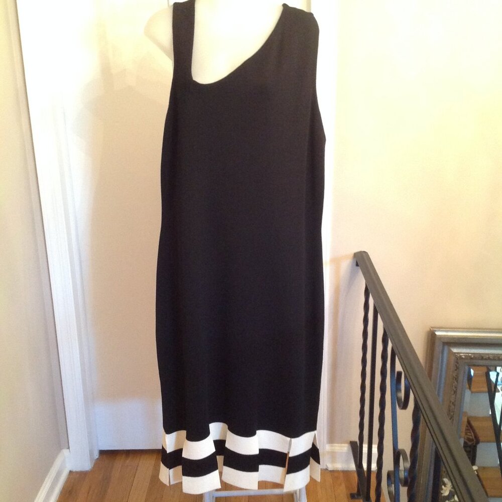 Rachel Rachel Roy Black White Asymmetrical Neck Shift Dress Fringe Hem 2X